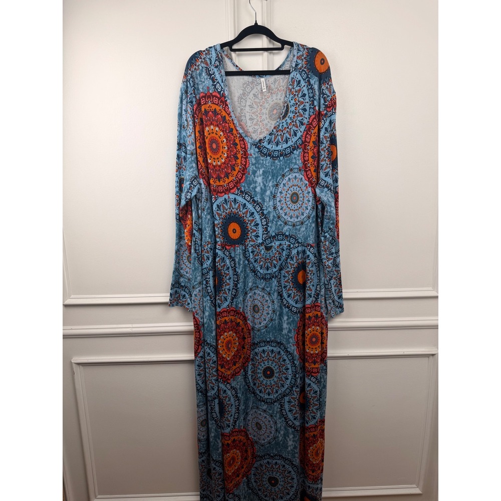 LONGYUAN Blue Orange Mandala Print Long Sleeve V-Neck Maxi Dress 6XL Plus Size
